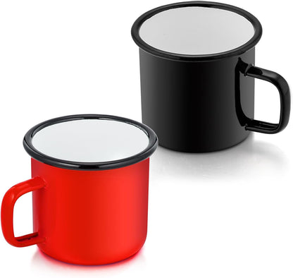 Enamel Coffee Mugs Cups Set of 2,12 Oz Small Enamel Camping Cup for Coffee Water Soup, Indoor and Outdoor Use, Portable & Sturdy, Black & Red