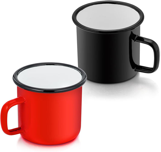 Enamel Coffee Mugs Cups Set of 2,12 Oz Small Enamel Camping Cup for Coffee Water Soup, Indoor and Outdoor Use, Portable & Sturdy, Black & Red