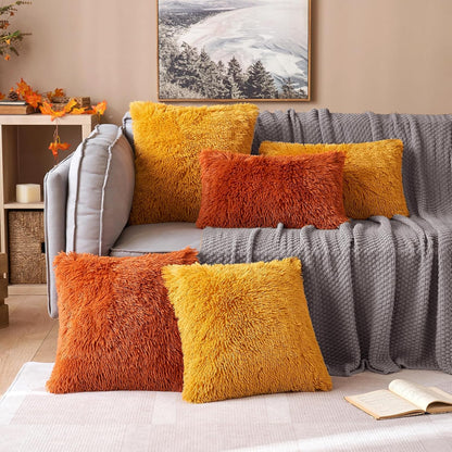 Set of 2 Fall Luxury Faux Fur Throw Pillow Covers Deluxe Decorative Plush Pillow Case Cushion Cover Shell for Sofa Bedroom Car 18X18 Inch Burnt Orange
