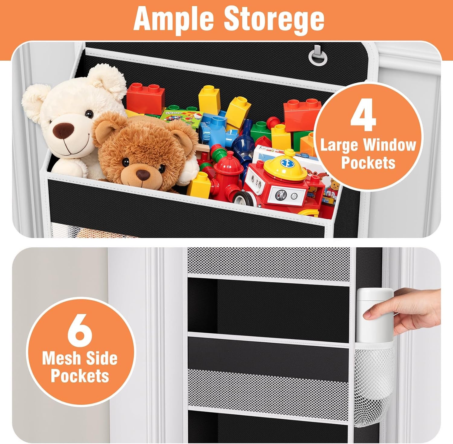 over the Door Organizer Storage 4 Shelves Large Capacity Hanging Bedroom Storage Solution with 6 Side Pockets for Dorm Bathroom Pantry Nursery and Baby Essentials Holds up to 40 Lbs (Black)