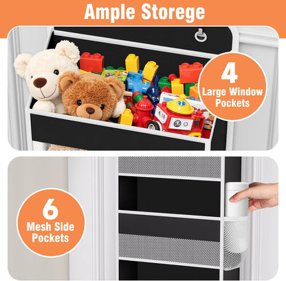 over the Door Organizer Storage 4 Shelves Large Capacity Hanging Bedroom Storage Solution with 6 Side Pockets for Dorm Bathroom Pantry Nursery and Baby Essentials Holds up to 40 Lbs (Black)