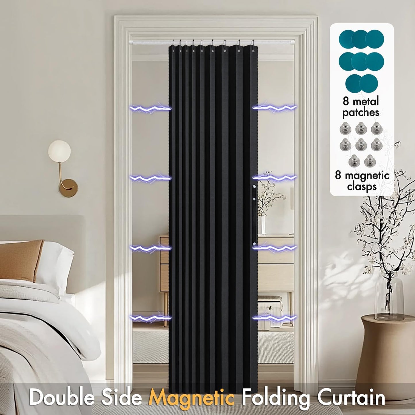 Halloween Accordion Style Magnetic Folding Door Curtains for Doorways/Closet, Room Divider Pleated Drapes with Hooks for Interior Living Room/Open Closet, Black, W42 X L78 Inches, 1 Panel
