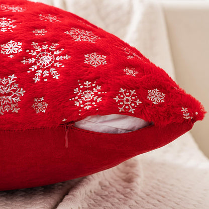 Christmas Red Throw Pillow Covers Set of 2 Snowflakes Decorative Winter Couch Pillowcases 18×18 Inch Soft Plush Faux Fur Farmhouse Home Holiday Festival Decors for Sofa Living Room Bed