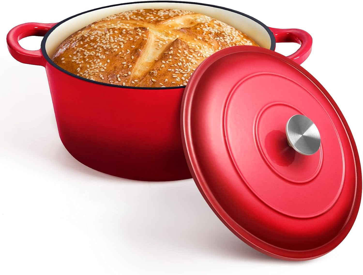 7QT Enameled Dutch Oven, Cast Iron Dutch Oven Pot with Lid for Bread Baking, Enameled Casserole Pot for Roasting Braising Stewing Frying Simmering, Various Stoves & Easy Clean, Red