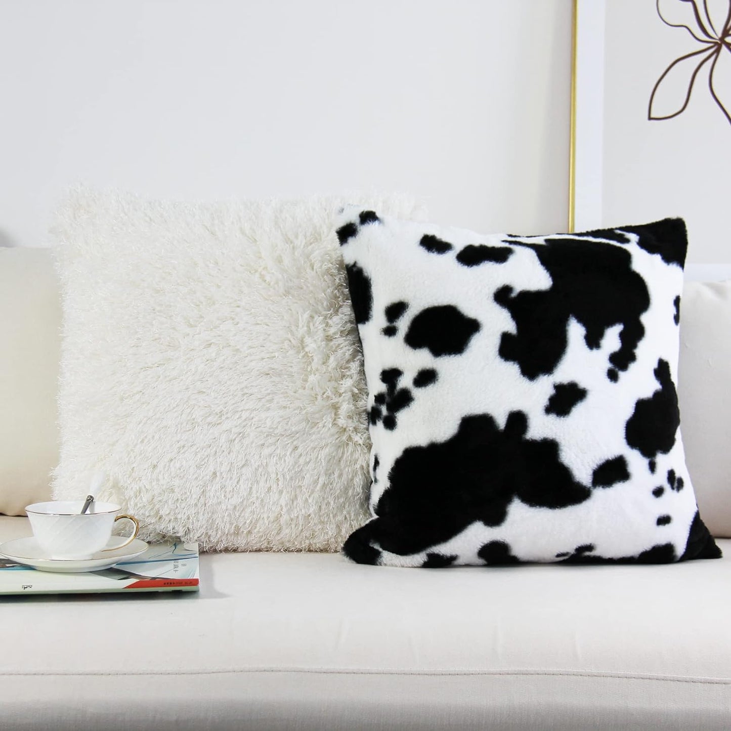 Cowhide Throw Pillow Covers Farmhouse Animal Skin Soft Cozy Fleece Flurry Cushion Case Cow Pattern Faux Fur Pillowcases for Couch Bedroom Set of 2 18 X 18 Inch Black