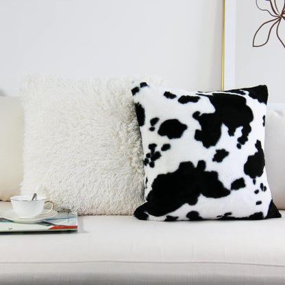 Cowhide Throw Pillow Covers Farmhouse Animal Skin Soft Cozy Fleece Flurry Cushion Case Cow Pattern Faux Fur Pillowcases for Couch Bedroom Set of 2 18 X 18 Inch Black