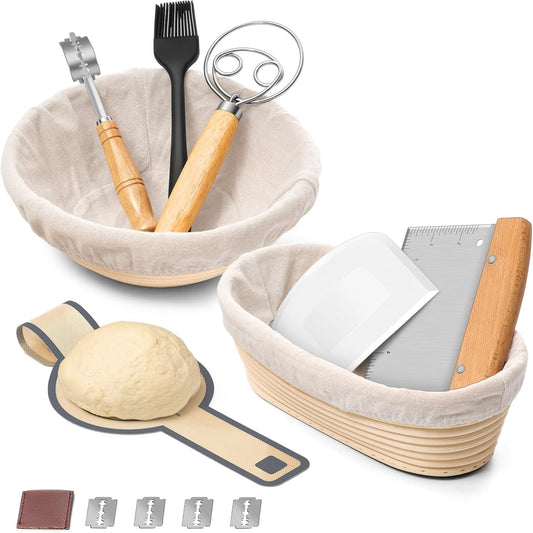 Sourdough Bread Baking Supplies, 9” round & 10” Oval Sourdough Proofing Baskets Starter Kit, Bread Making Tool Set with Cloth Liner Bread Lame Scraper Brush Dough Whisk