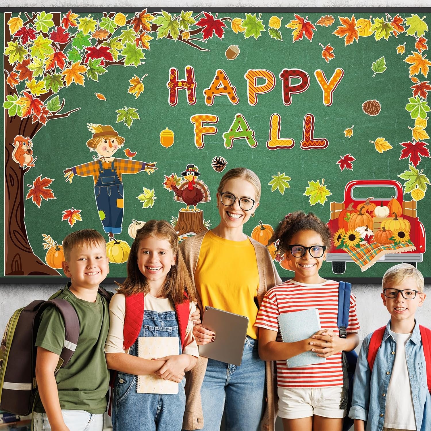 89Pcs Happy Fall Bulletin Board Decorations Set Fall Tree Pumpkin Maple Leaves Turkey Cutouts with Glue Points for Halloween Thanksgiving Autumn Home School Classroom Wall Chalkboard Decor