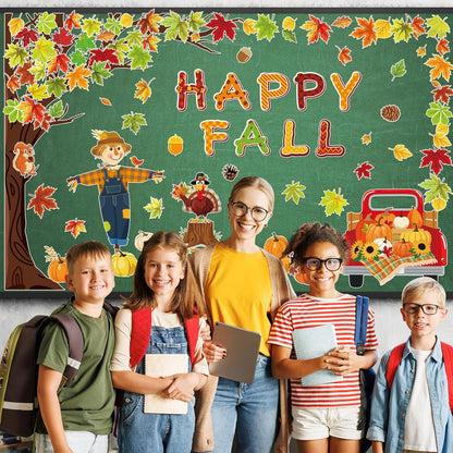 89Pcs Happy Fall Bulletin Board Decorations Set Fall Tree Pumpkin Maple Leaves Turkey Cutouts with Glue Points for Halloween Thanksgiving Autumn Home School Classroom Wall Chalkboard Decor