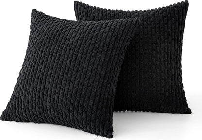 Throw Pillow Covers Soft Corduroy Decorative Set of 2 Boho Striped Pillow Covers Pillowcases Farmhouse Home Decor for Couch Bed Sofa Living Room 18X18 Inch Black