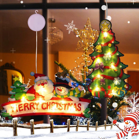 2 PCS Lighted Christmas Window Silhouette Decoration Light up Christmas Tree Merry Christmas Battery Operated with Suction Cup Hook 3M Sticker for Window Christmas Glass Wall Indoor Decorations