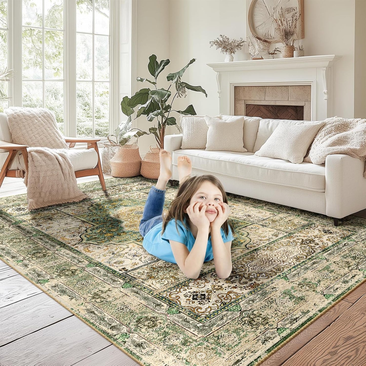 6X9 Area Rugs Machine Washable No Pile Non Slip Vintage Rugs for Living Room&Bedroom&Dinning Room Bohemian Distressed Carpet Indoor,Green/Teal/Multi