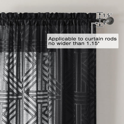 Black Sheer Kitchen Curtains 36 Inch Length Tier Curtains 2 Panels, Light Filtering Geometric Jacquard Clip Textured Semi Sheer Short Window Curtains for Bathroom, 42X36 Inch