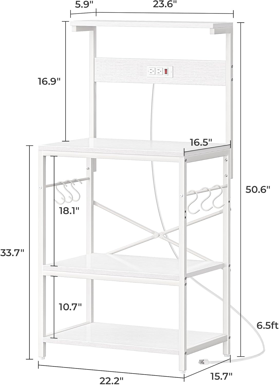Professional Kitchen Bakers Rack with Power Outlet, 4-Tier Coffee Bar Table, Microwave Stand with 6 S-Shaped Hooks, Storage Shelf for Spices, Pots, and Pans - White