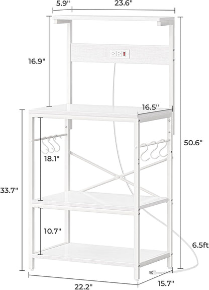 Professional Kitchen Bakers Rack with Power Outlet, 4-Tier Coffee Bar Table, Microwave Stand with 6 S-Shaped Hooks, Storage Shelf for Spices, Pots, and Pans - White
