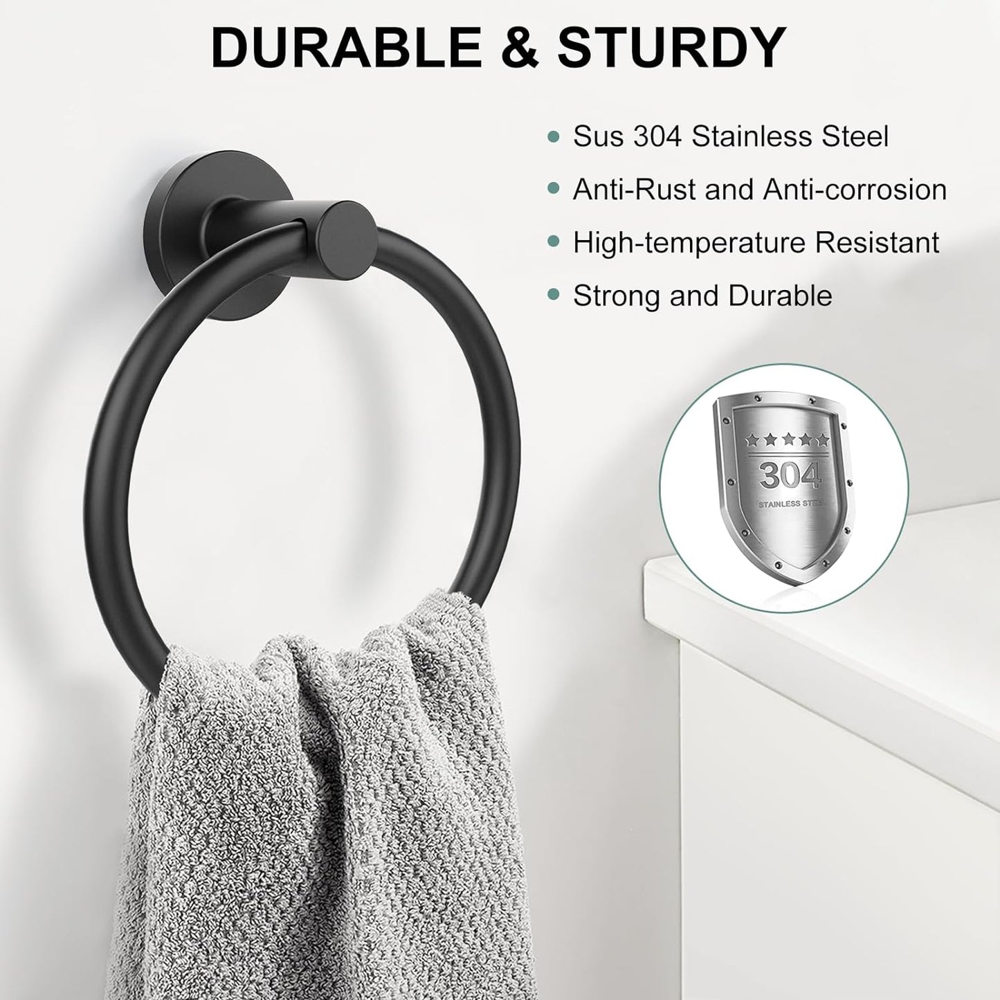 Towel Holder for Bathroom Wall Matte Black Towel Ring & 4 Packs Towel Hooks for Bathrooms 304 Stainless Steel Bathroom Shower Towel Hook