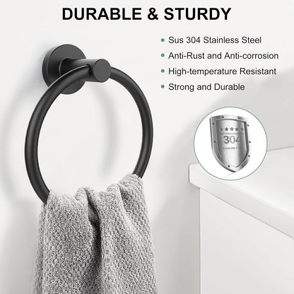 Towel Holder for Bathroom Wall Matte Black Towel Ring & 4 Packs Towel Hooks for Bathrooms 304 Stainless Steel Bathroom Shower Towel Hook