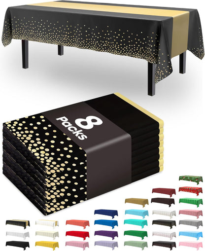 Plastic Table Cloth Disposable 8 Pack, 54 X 108 Inch, Table Runner Style, Graduation Decorations 2025, Party Tablecloths, Rectangle, Plastic Cover, Leakproof & Sturdy, Black Gold