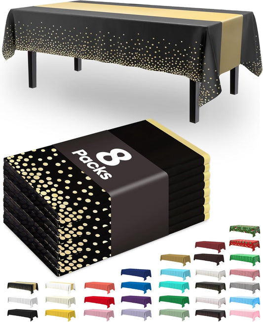 Plastic Table Cloth Disposable 8 Pack, 54 X 108 Inch, Table Runner Style, Graduation Decorations 2025, Party Tablecloths, Rectangle, Plastic Cover, Leakproof & Sturdy, Black Gold