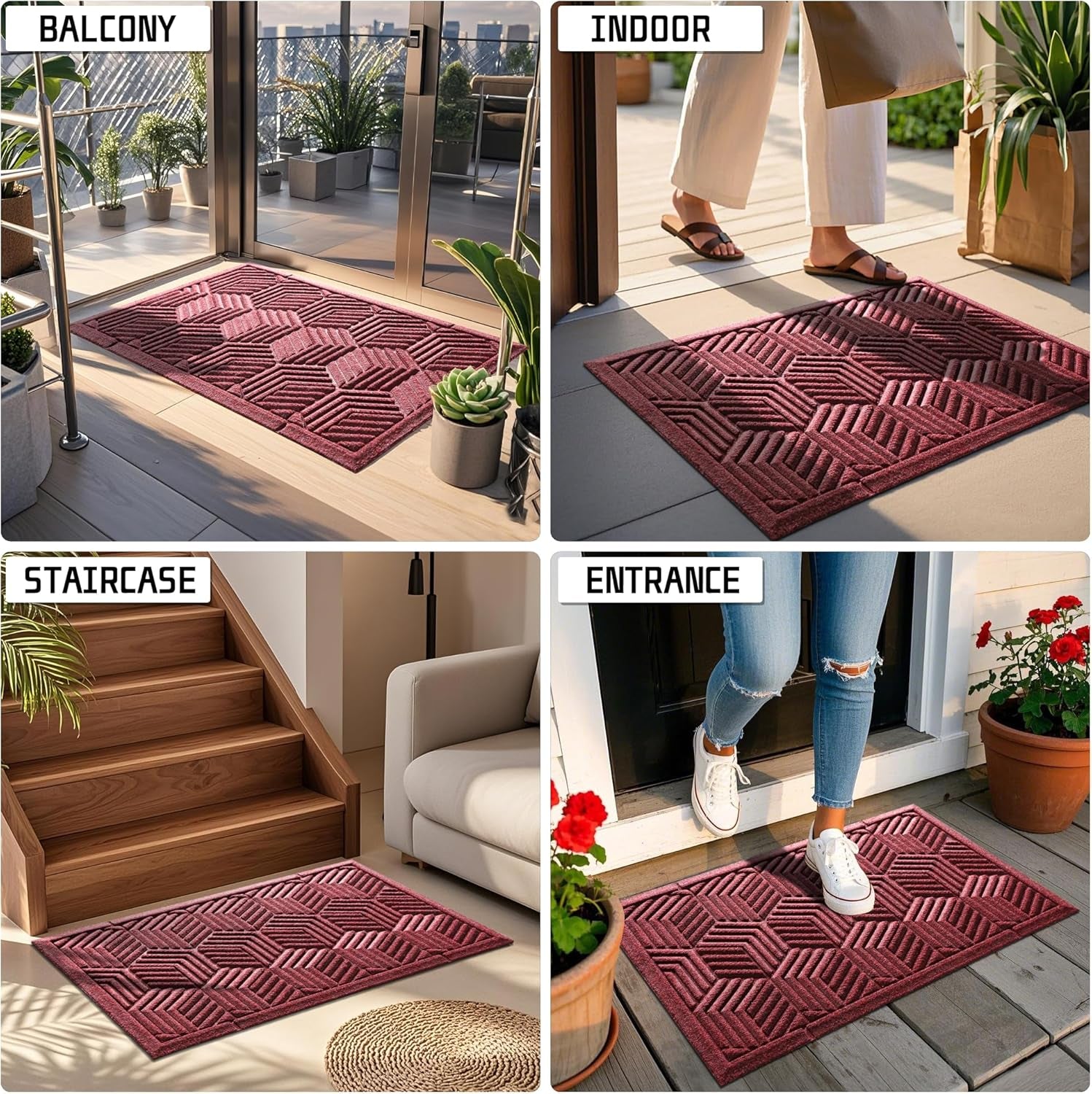 Door Mat outside Entrance, 29.5X17 Inch, All-Season Indoor Outdoor Welcome Mat, Heavy Duty Natural Rubber, Non-Slip, Resist Dirt, Stain and Fade Resistant, Low Profile, Easy Clean Patio, Red