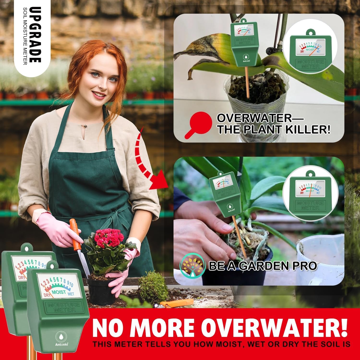 2 Pack Soil Moisture Meter, Plant Water Monitor Hygrometer Sensor, Soil Water Tester Kit for Outdoor and Indoor Potted Plants, Flower, Gardening, Farming - No Battery Required