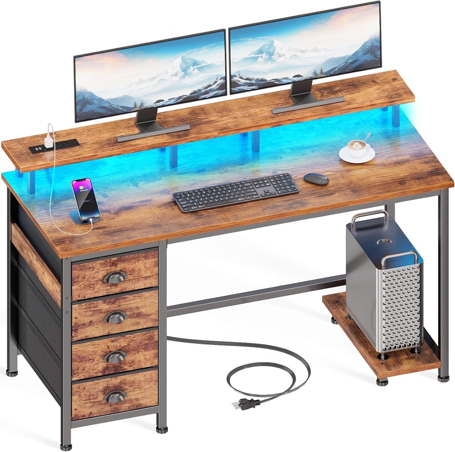 47" Computer Desk with 4 Fabric Drawers & Monitor Stand, Gaming Desk with Power Outlets - LED Lights, Home Office Space-Saving Study Table for Bedroom Small Spaces (Rustic Brown)