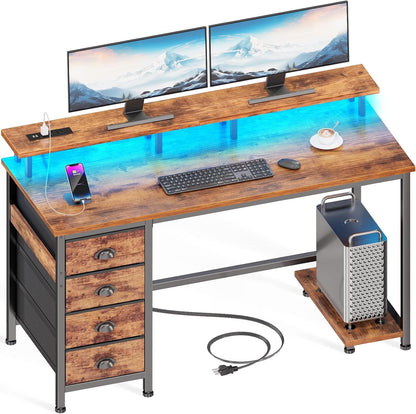 47" Computer Desk with 4 Fabric Drawers & Monitor Stand, Gaming Desk with Power Outlets - LED Lights, Home Office Space-Saving Study Table for Bedroom Small Spaces (Rustic Brown)