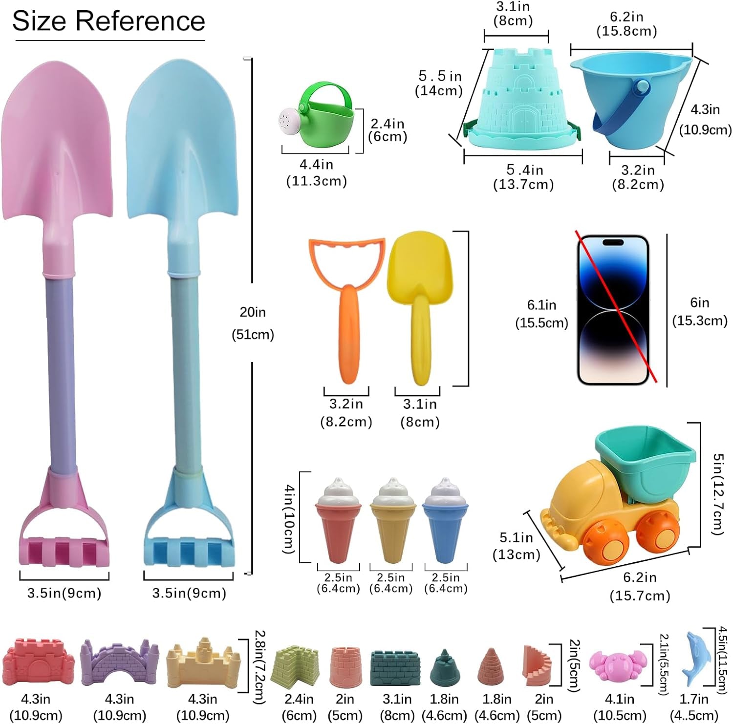 Long Shovels Sand Toys Set with Mesh Bag Including Dump Truck, Beach Buckets, Shovels, Rakes, Molds, Outdoor Beach Toys Tool Kit for Kids, Toddlers, Boys and Girls (15 PCS) Age 3+
