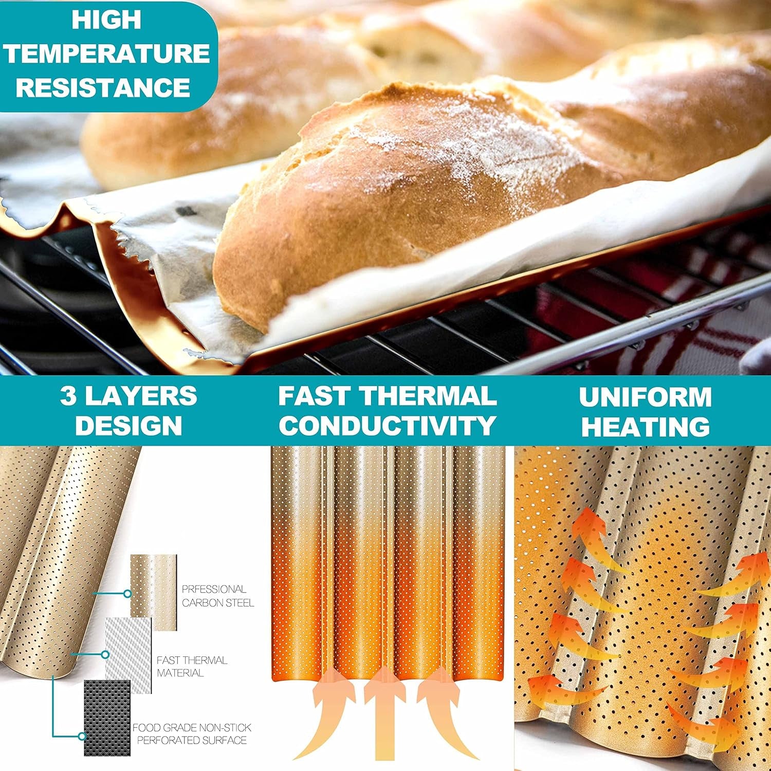 2 Pack Nonstick Perforated French Bread Baking Pan, 15"X 13" Premium Toast Mold for 4 Loaves Baguettes, French & Italian Bread Trays for Baking Loaf Bread, Ventilation & Heat Resistant (Gloden)