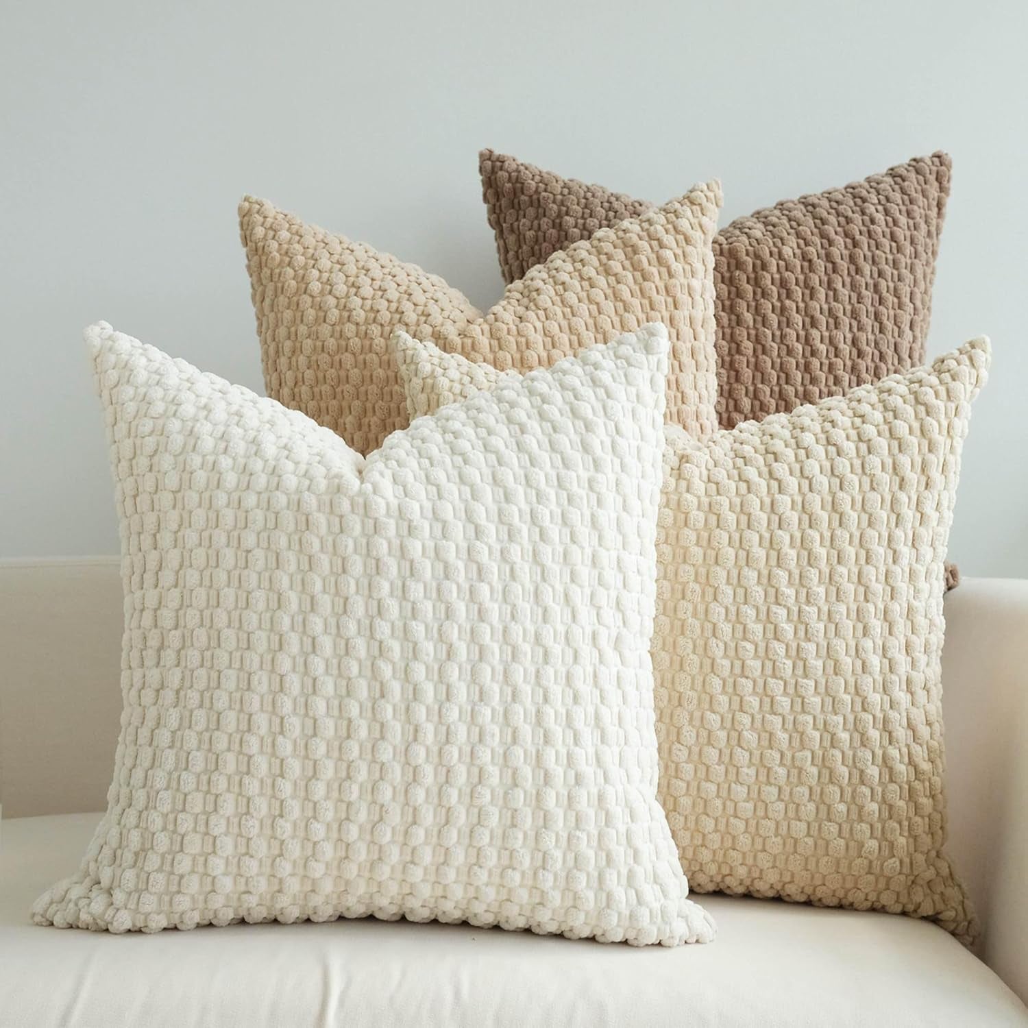 Pack of 4 Neutral Decorative Throw Pillow Covers Farmhouse Boho Home Decor Striped Corduroy Square Pillowcases 18 X 18 Inch Beige Chocolate