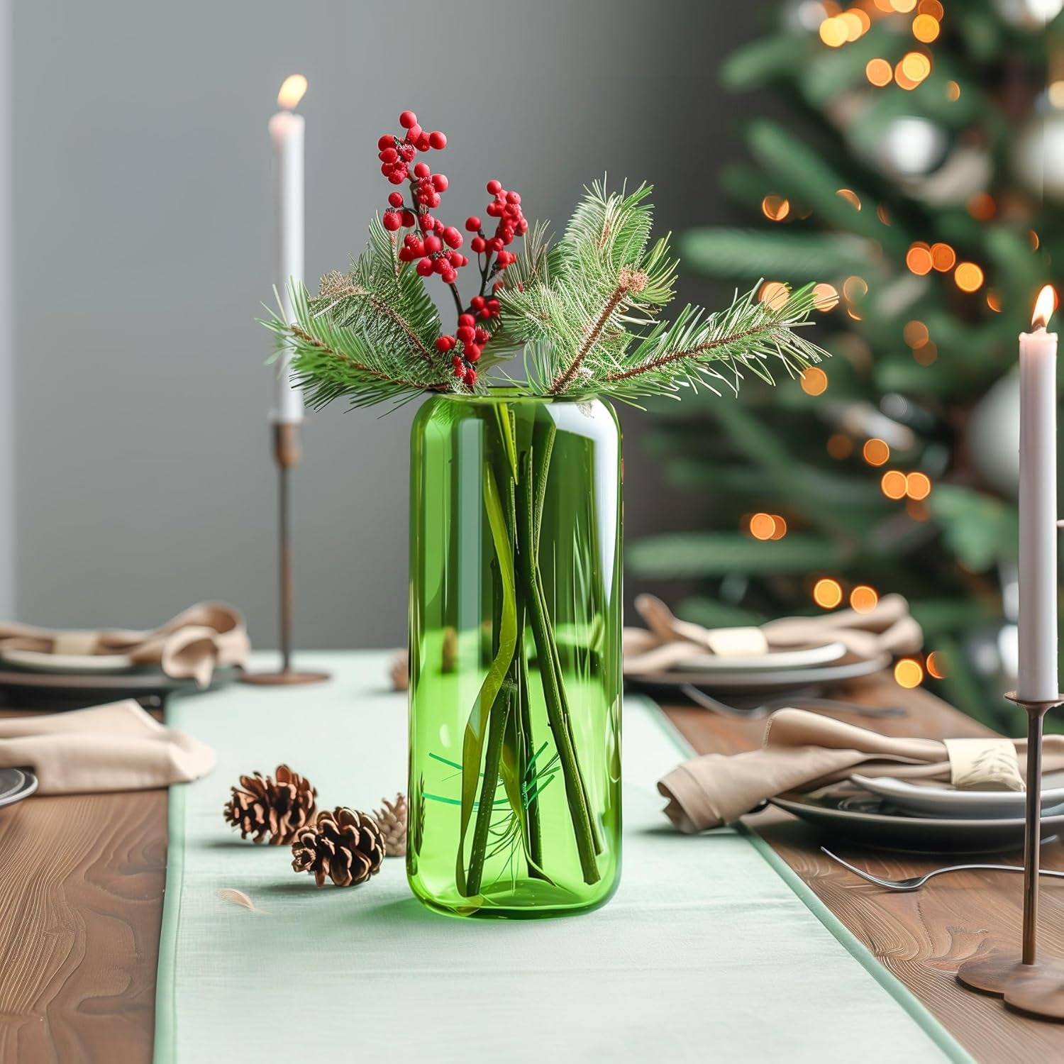 Glass Flower Vase, 8 Inch Tall Bud Vases, Home Decor Vases for Centerpiece for Living Room and Bedroom, Decorative Vases for Wedding, Valentines' Day, Mother'S Day (Green)