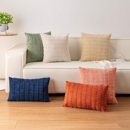 Pack of 2 Corduroy Decorative Throw Pillow Covers 18X18 Inchsoft Boho Striped Pillow Covers Modern Farmhouse Home Decor for Sofa Living Room Couch Bed（Blue）