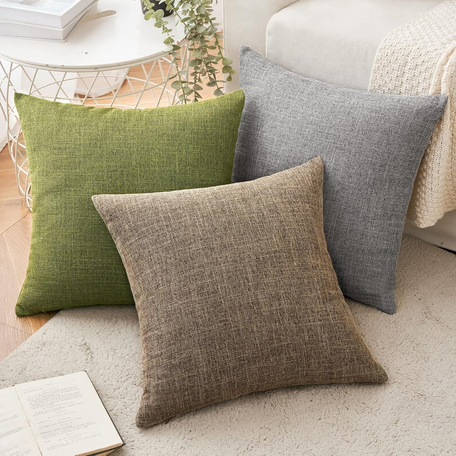 Set of 2 Decorative Linen Burlap Pillow Covers - Farmhouse Boho Accent Pillowcases for Sofa, Car, Couch, Bedroom, and Living Room Decor - 16x16 Inches, Brown