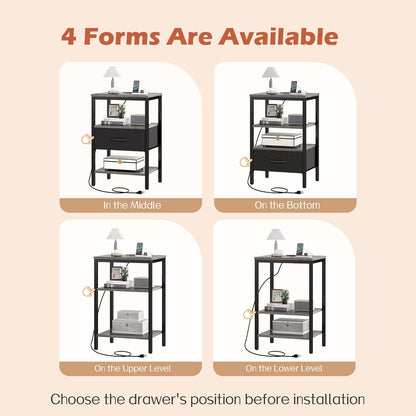 Charcoal Gray Nightstand with Charging Station and Adjustable Fabric Drawer, 3-Tier Storage End Table for Bedroom and Living Room