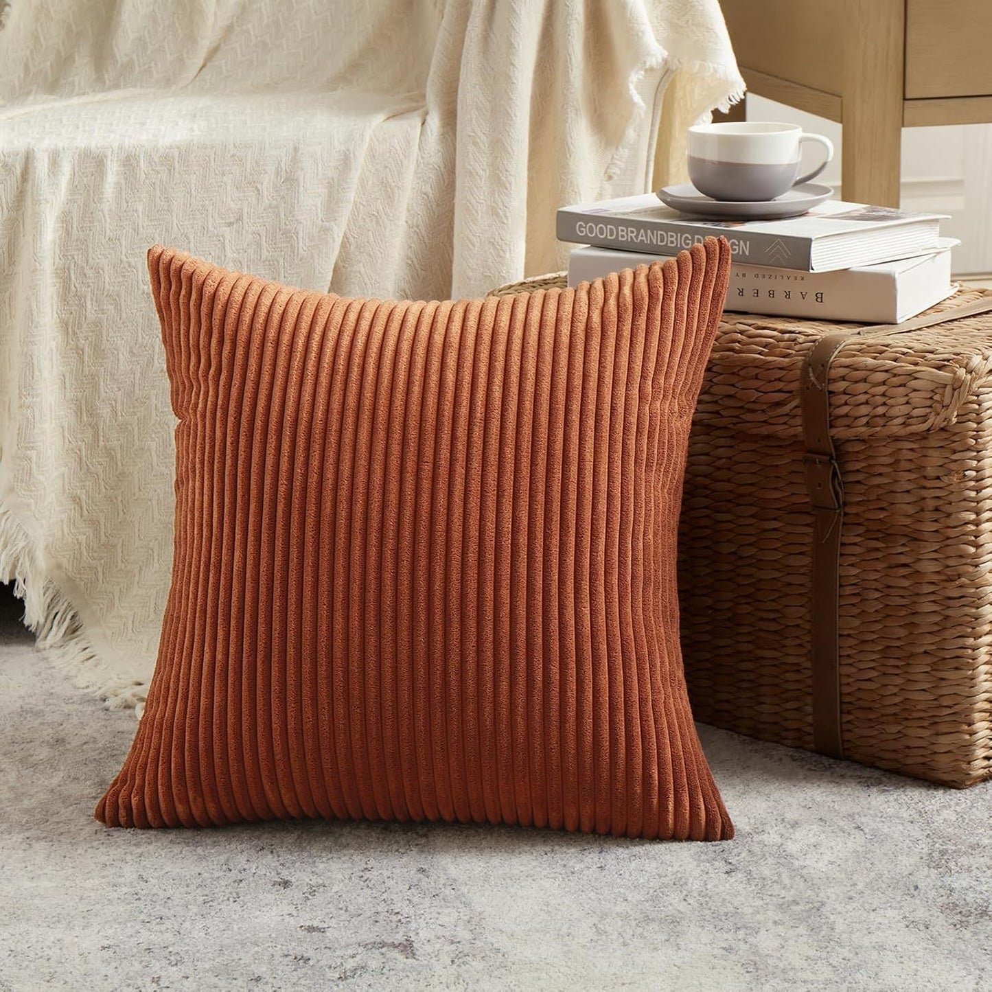 Set of 4 Rust Big Decorative Throw Pillow Covers 24X24 Inch for Couch Bed Sofa, Aesthetic Modern Boho Home Decor, Soft Fluffy Textured Corduroy Square Terracotta Cushion Case 60X60 Cm