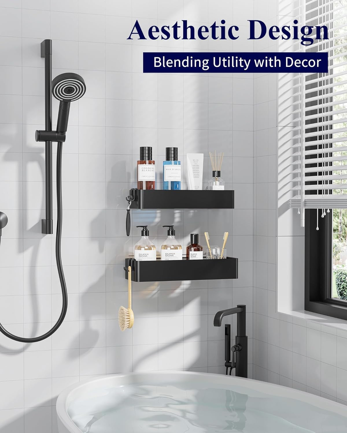 Large Shower Caddy - 2 Pack Adhesive Shower Organizer, Rustproof Stainless Steel Shelves, No-Drill Bathroom Organizers and Storage, Black