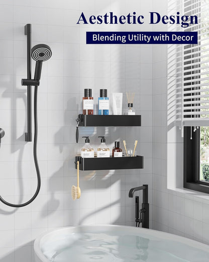 Large Shower Caddy - 2 Pack Adhesive Shower Organizer, Rustproof Stainless Steel Shelves, No-Drill Bathroom Organizers and Storage, Black