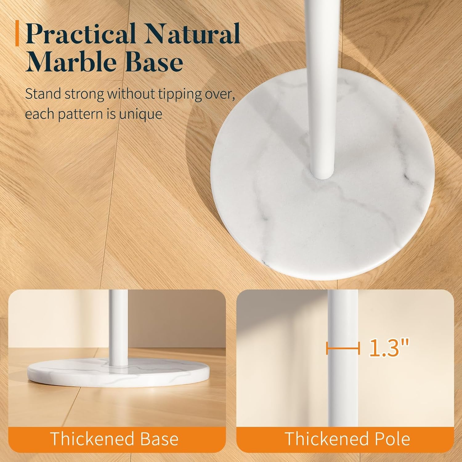 Coat Rack Freestanding with Natural Marble Base, Coat Tree with 8 Hooks Heavy Duty Coat Hanger Stand, Metal Coat Rack Stand for Jacket, Hat, Clothes & Bag, Hall Tree Hat Rack for Entryway