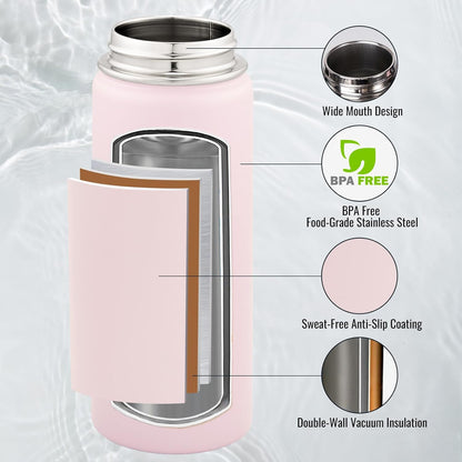 18 Oz Insulated Water Bottle with Handle, 304 Stainless Steel Water Bottles with Wide Mouth, Double Wall Vacuum Sports Water Bottle, BPA Free, Keep Cold and Hot, Pink