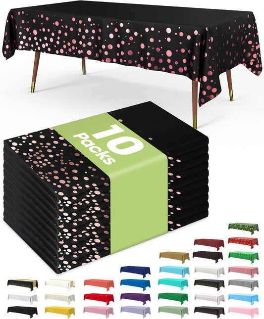 Plastic Table Cloth Disposable 10 Pack, 54 X 108 Inch Table Cloths, Graduation Decorations of 2025, Graduation Tablecloths, Rectangle, Plastic Cover, Leakproof & Sturdy, Black and Rose Gold
