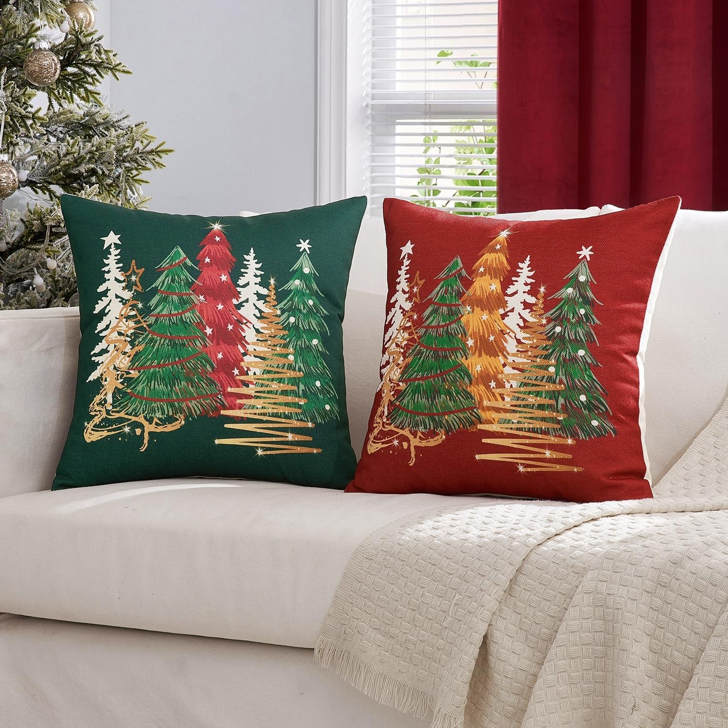 Set of 1 Holiday Christmas Red Decorative Pillow Cover 18X18 Inch Christmas Tree Festivals Throw Pillow Case Winter Seasonal Cushion Case Home Decors for Sofa Couch Bedroom