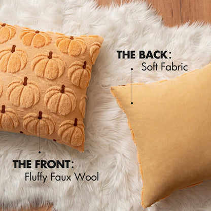 Autumn-Inspired Pumpkin Decorative Throw Pillow Covers - Set of 2, 18 x 18 Inches, Soft Plush Faux Fur for Farmhouse and Halloween Décor