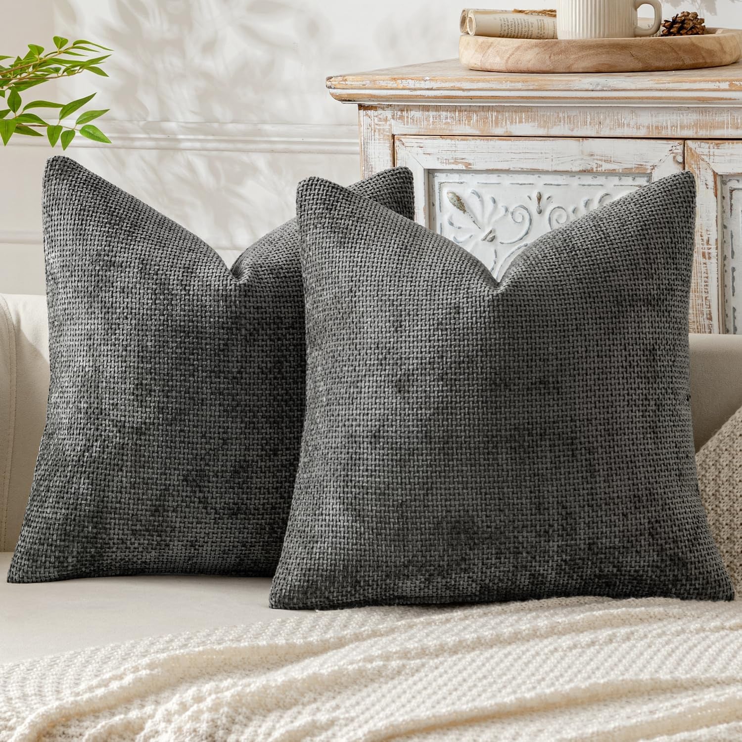 Pack of 2 Couch Throw Pillow Covers 18X18 Inch Dark Gray Modern Boho Accent Decorative Pillow Covers Soft Chenille Farmhouse Cushion Covers for Home Decor Bed Sofa Living Room