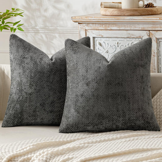 Pack of 2 Couch Throw Pillow Covers 18X18 Inch Dark Gray Modern Boho Accent Decorative Pillow Covers Soft Chenille Farmhouse Cushion Covers for Home Decor Bed Sofa Living Room