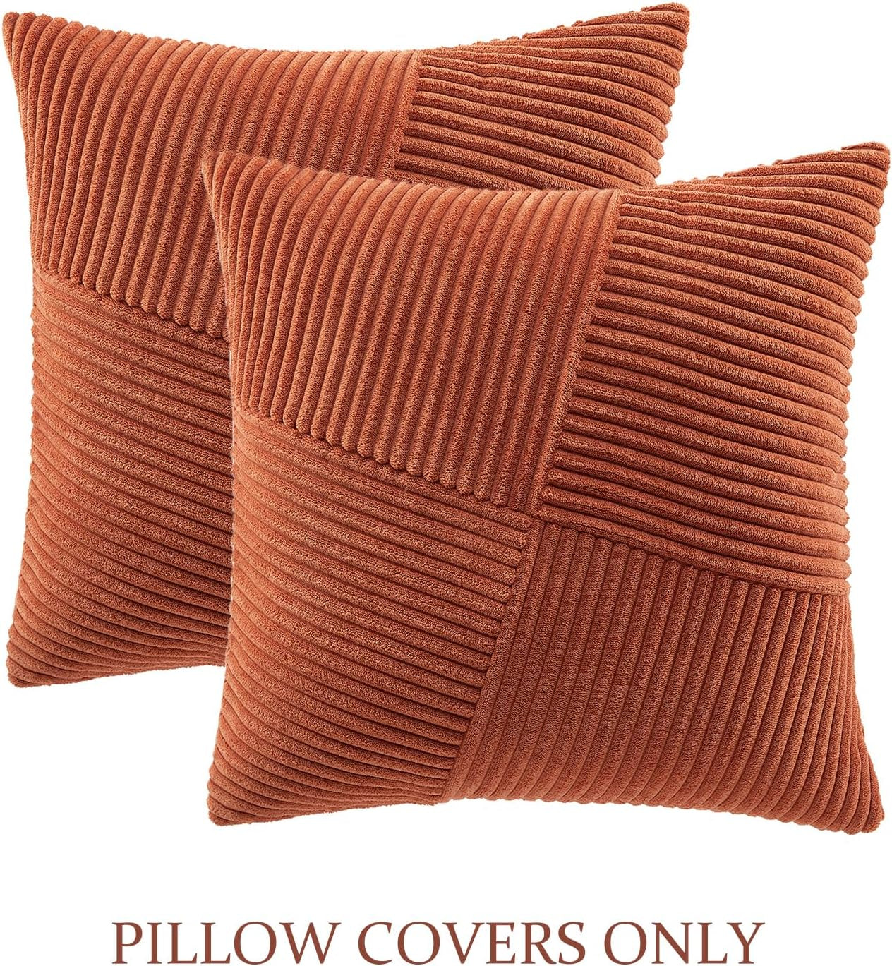 Set of 2 Burnt Orange Boho Decorative Throw Pillow Covers 16X16 Inch with Diagonally Pattern for Living Room Couch Bed Sofa, Soft Textured Corduroy Aesthetic Farmhouse Home Decor 40X40 Cm