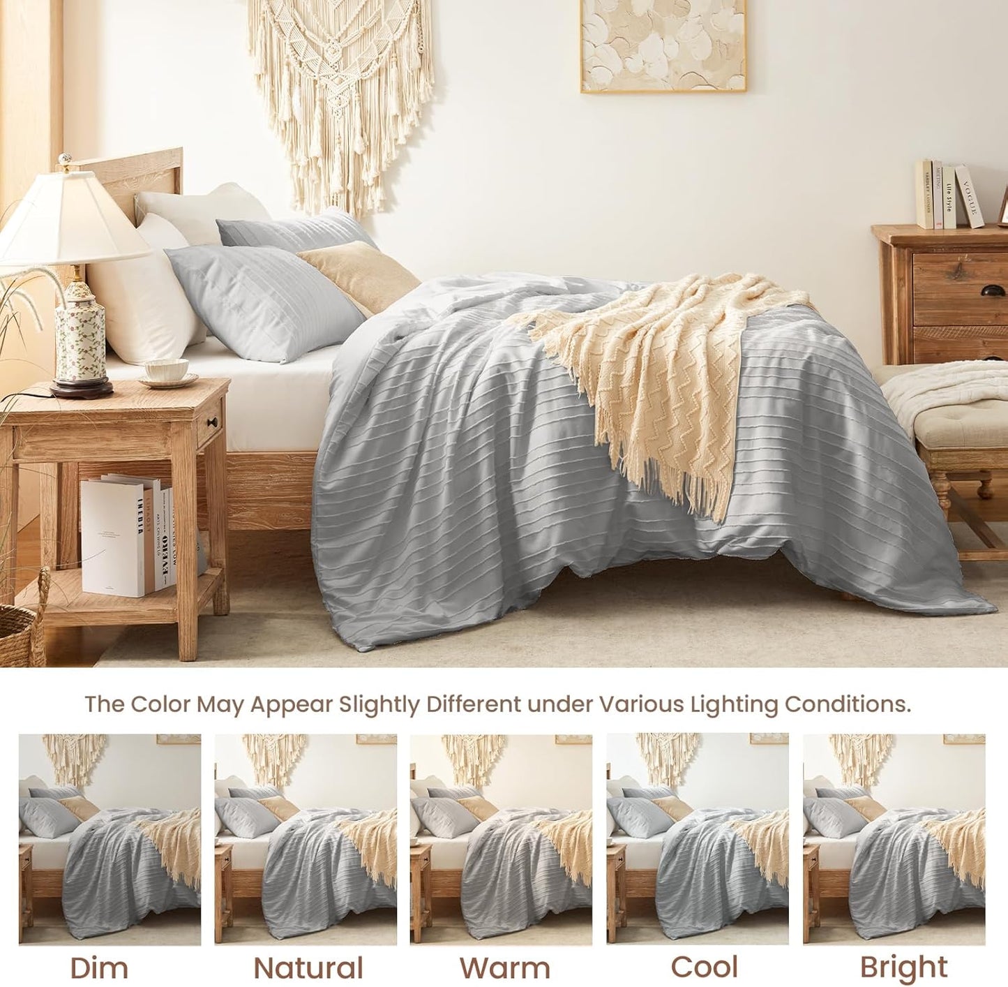 Light Grey Duvet Cover King Size - Striped Tufted King Duvet Cover Set with Zipper Closure, 3Pcs Soft Microfiber Boho Bedding Set for All Seasons (King, 104"X90")