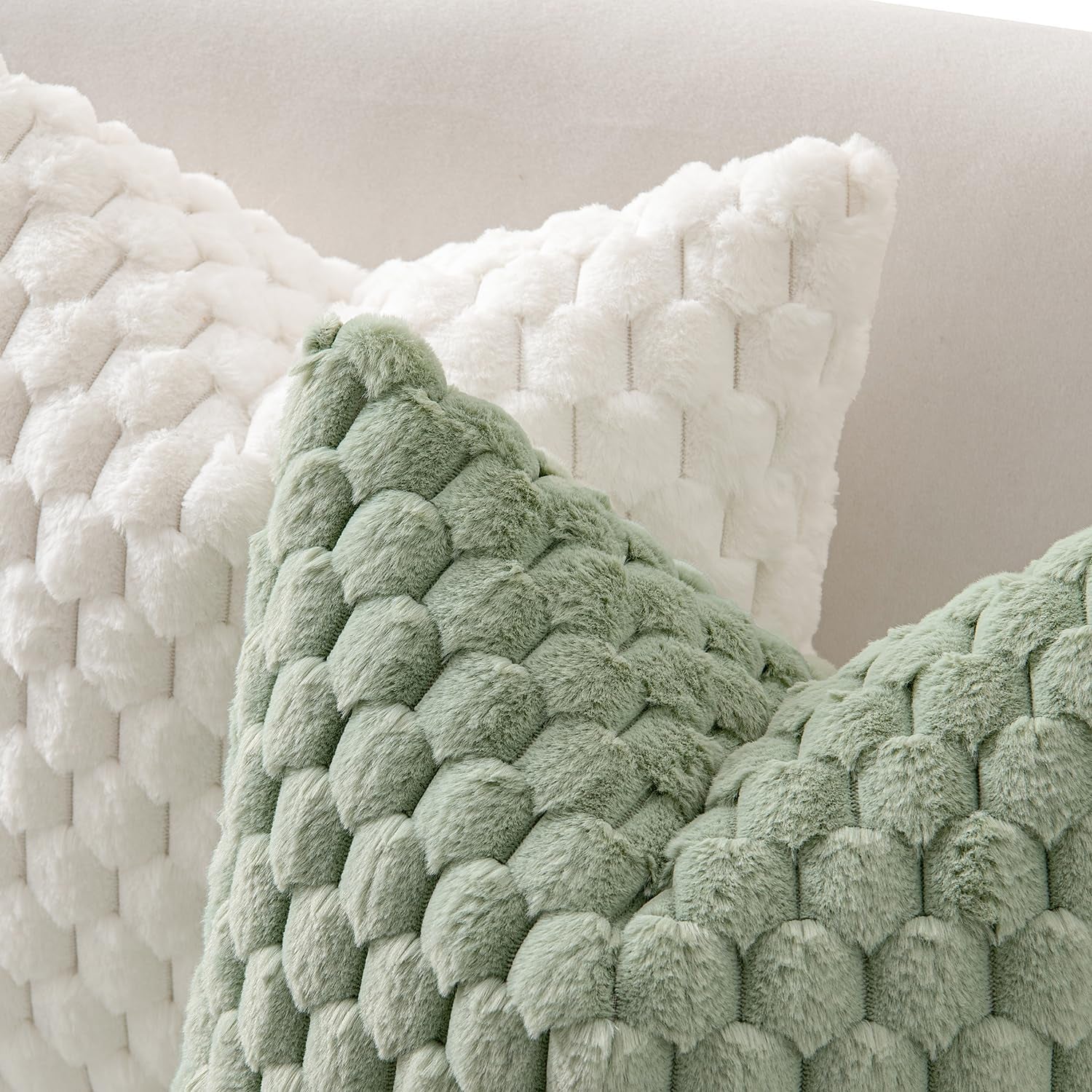 Sage Green Faux Fur Decorative Throw Pillow Covers 18X18 Inch Set of 2 Super Soft Cozy Plush Cushion Cases Luxury Fluffy Pillowcases for Sofa Couch Bed Living Room