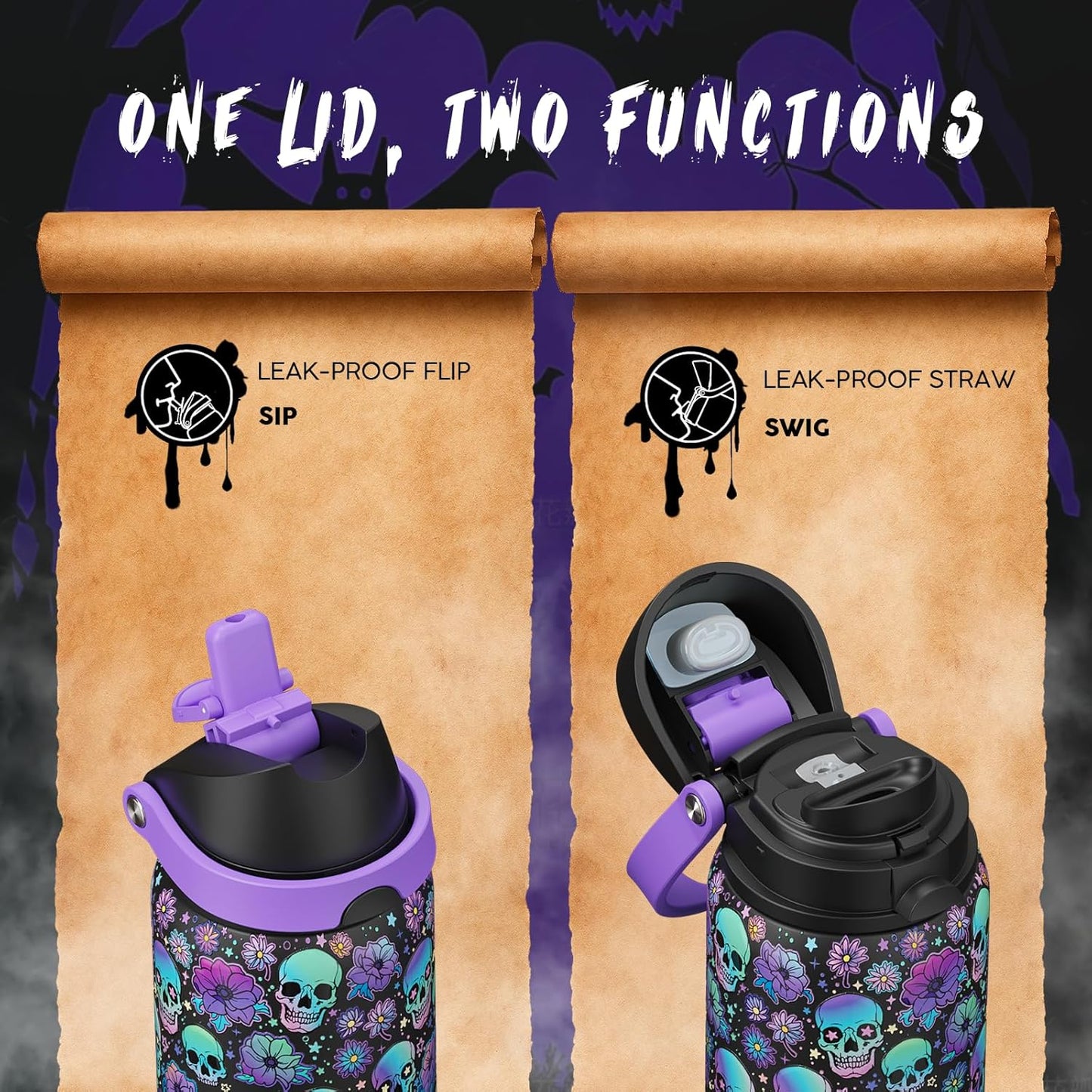 Halloween Insulated Water Bottle with Straw - Stainless Steel Water Bottle with Push Button Lid, Leak-Proof Bpa-Free, Keeps Cold for 24 Hours for Halloween Gifts, Party (32 Oz, Floral Afterlife)