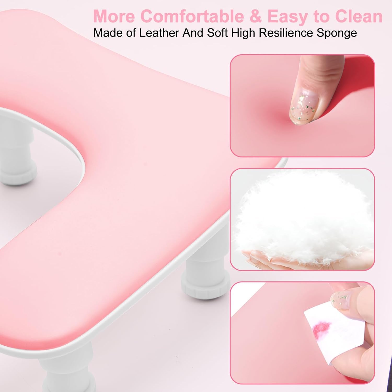 Nail Arm Rest, U-Shaped Adjustable Height Nail Hand Rest for Manicure, Microfiber PU Leather Hand Rest Pillow for Acrylic Nail, Soft Hand Rest/Nail Hand Pillow for Manicure Salon Use-Pink