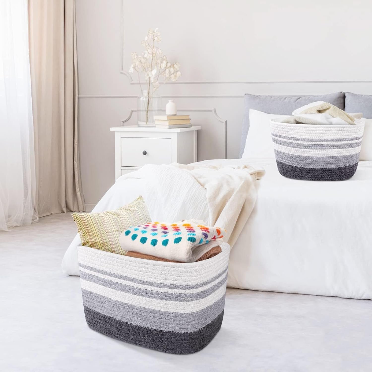 Storage Basket 3 Pack, Laundry, Blanket, Cotton Rope and Woven Baskets for Organizing, Toy Storage for Living Room, Laundry Room, Bedroom, Nursery, Grey